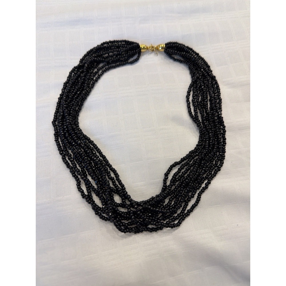 Vintage Trifari Black Seed Bead Multi Strand Necklace Gold‎ Tone Clasp 17.5"